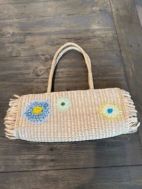 Tote Le Monde Woven Straw Tote with Blue, Yellow & Green Floral Appliqués